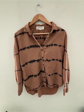 Cloth & Stone Anthropologie Brown Tie Dye Button Front Shirt Raw Hem Size Large
